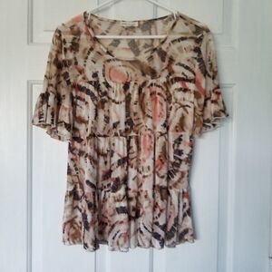 Pebble and Stone Women's Blouse Small Tan Swirl Baby Doll Sheer